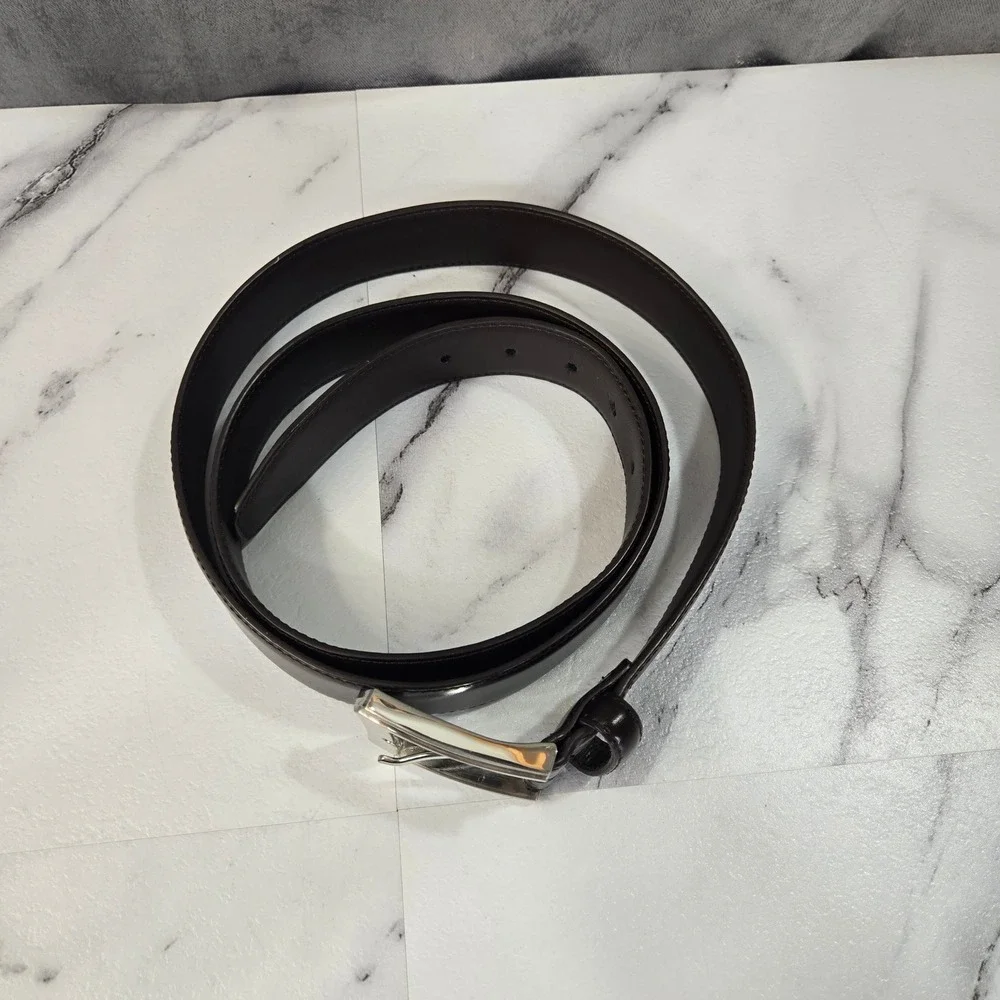 KM Legend Mens 46 Black Leather Dress Belt Silver Buckle Work Formal Classic
